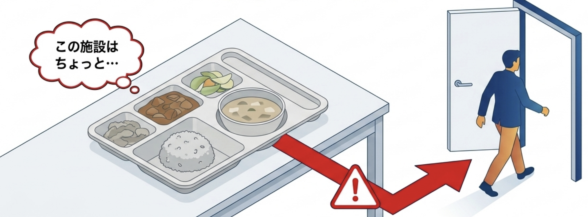 プラトレーの地味な食事で見学者が離脱するイメージ