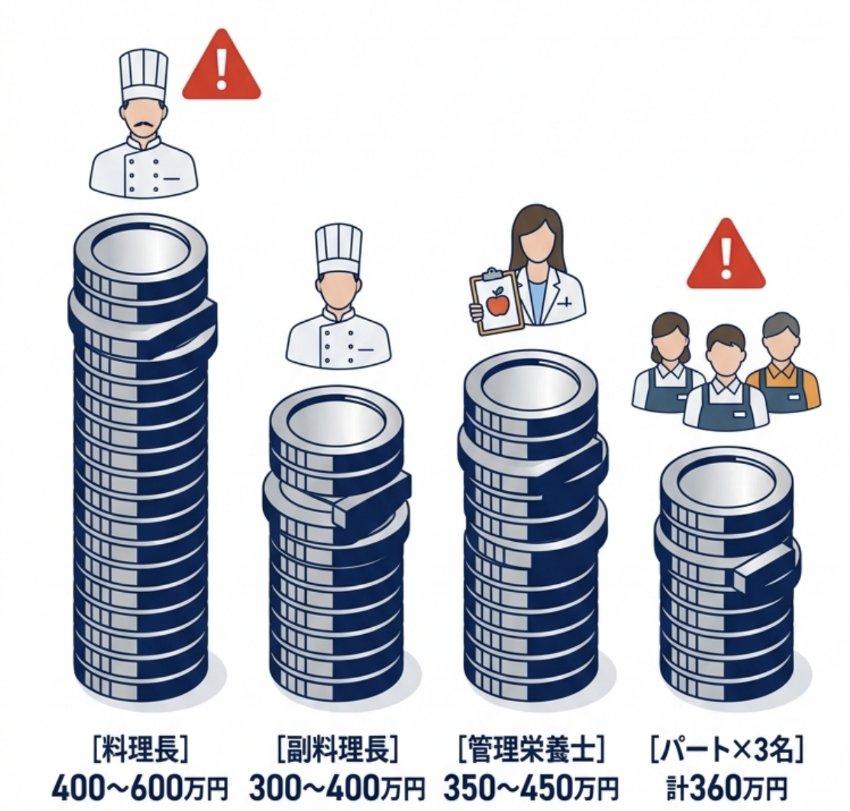 料理長、副料理長、管理栄養士、パートにかかる人件費コストの比較グラフ