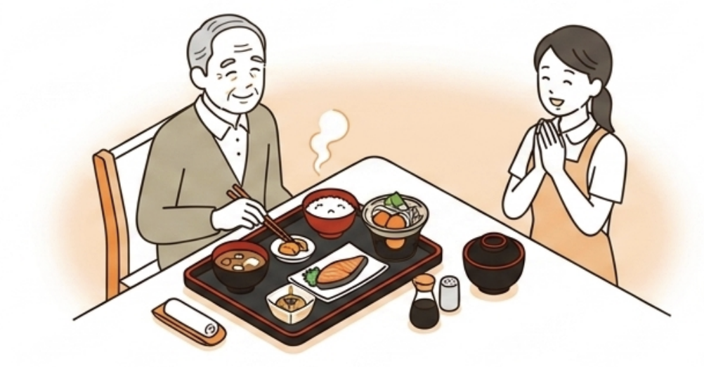 温かくて美味しい食事に笑顔になる高齢者と介護スタッフ